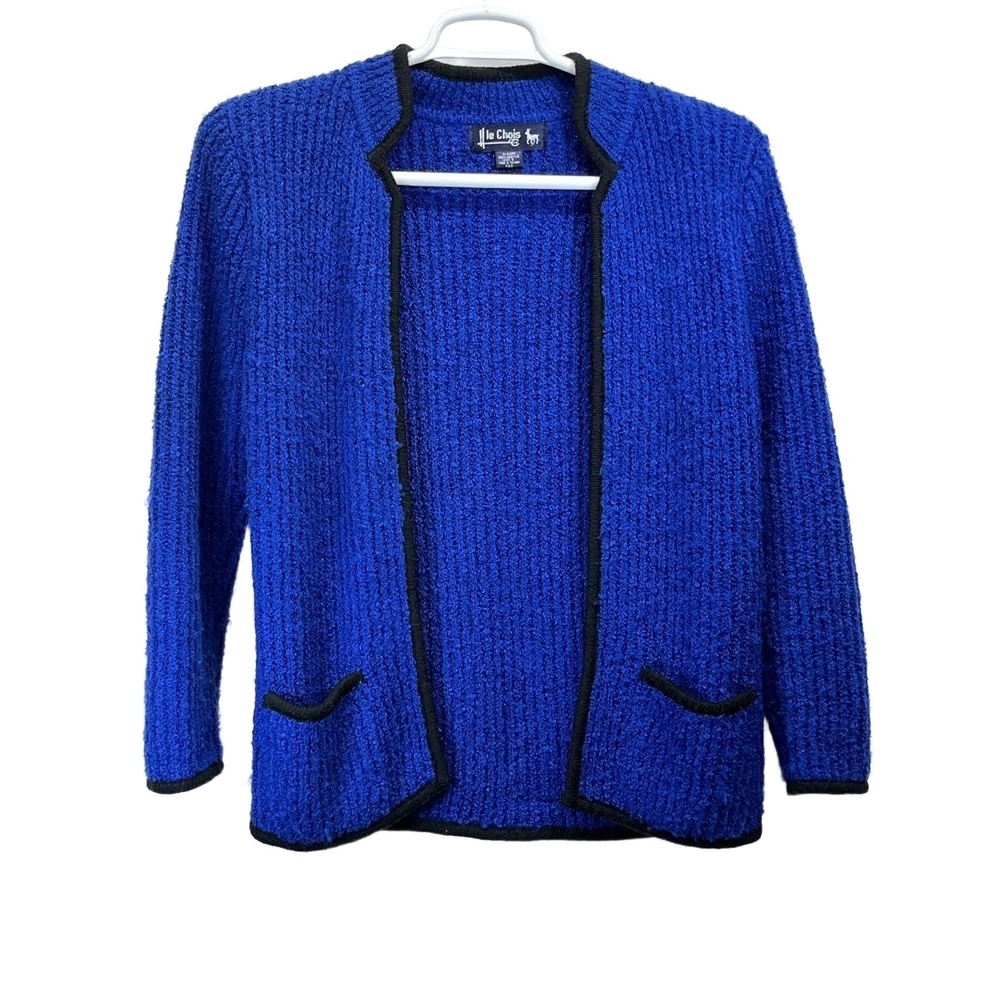Vintage Le Chois Royal Blue Black Women's Open Front Acrylic Knit Cardigan Small